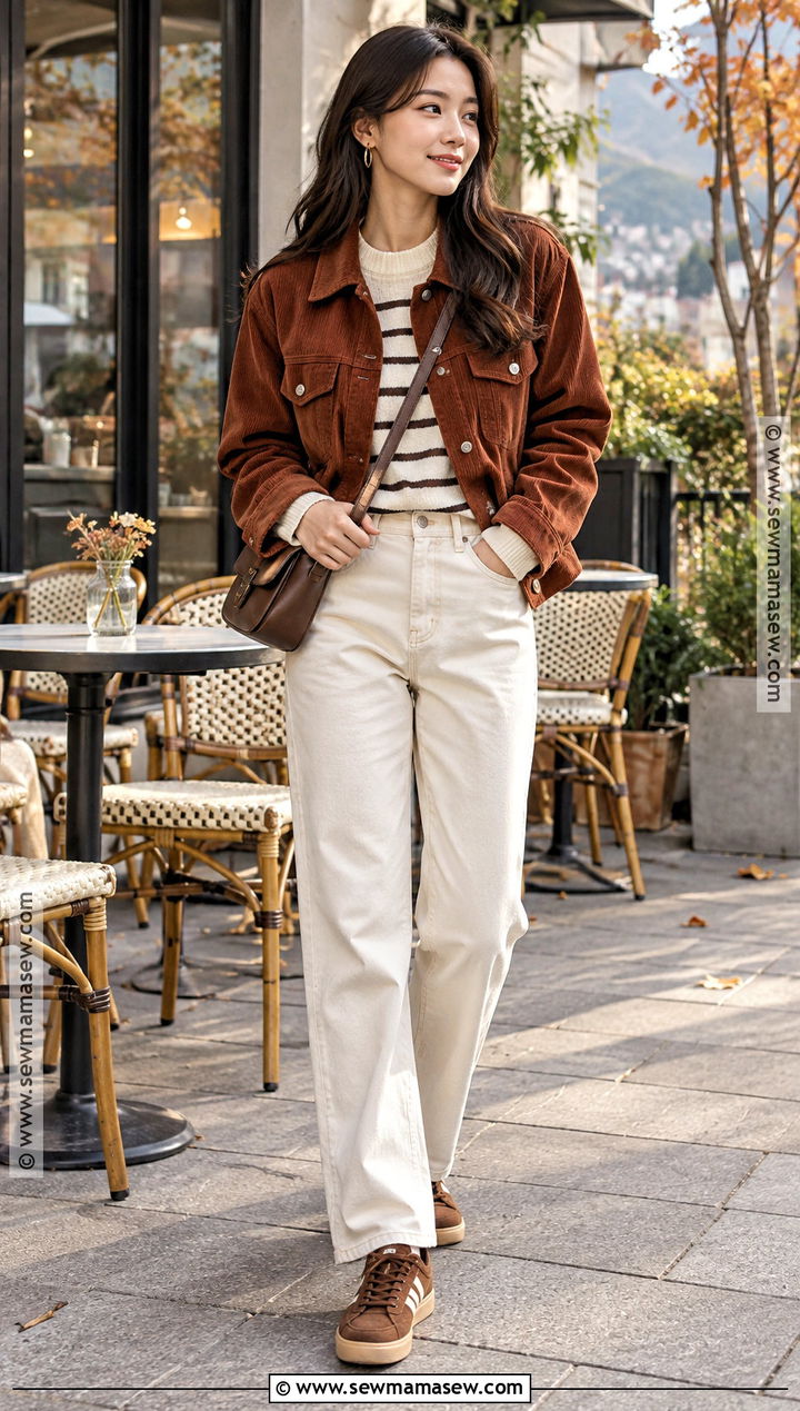 Korean Corduroy Jacket And Ecru Jeans Outfit - 20 autumn korean outfit ideas