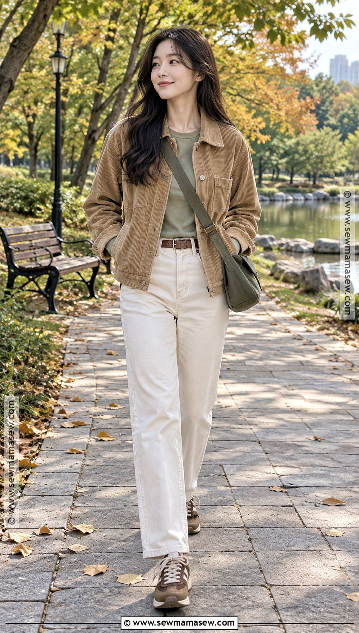 Korean Corduroy Jacket And Ecru Jeans Outfit - 15 Soft Autumn Outfits Korean