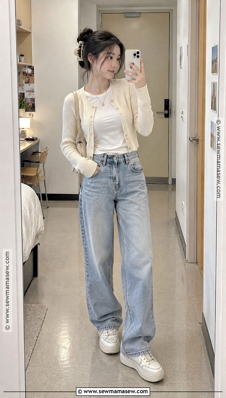 Korean Cropped Cardigan and Baggy Jeans Outfit - 15 back to school outfits korean style