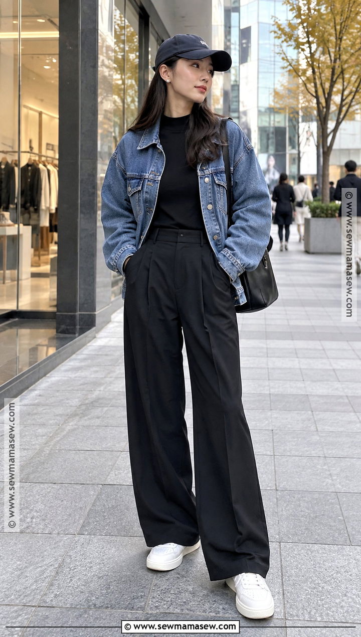 Korean Denim Jacket And Black Trousers Outfit - 15 Fall Korean Outfits Seoul
