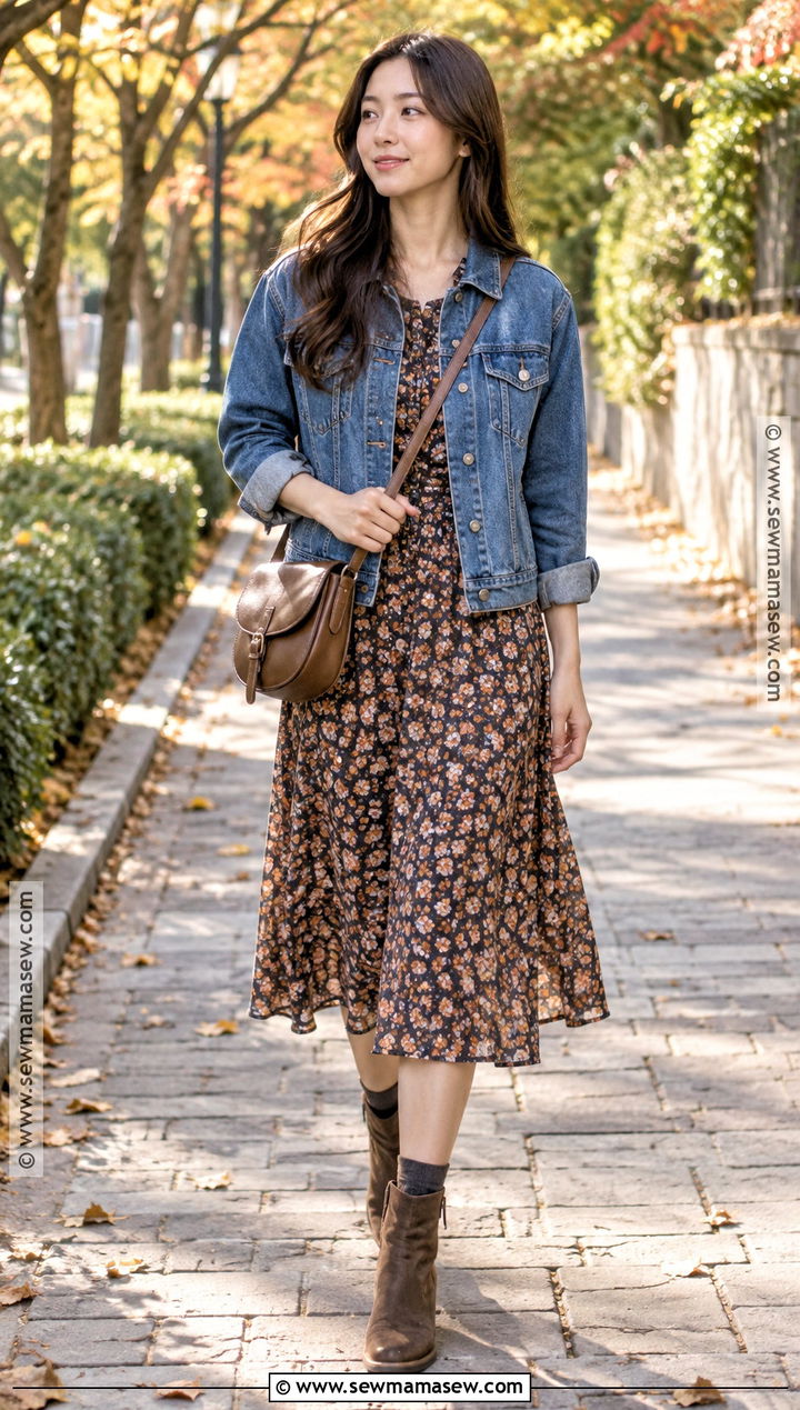 Korean Denim Jacket And Floral Midi Dress Outfit - 20 autumn korean outfit ideas