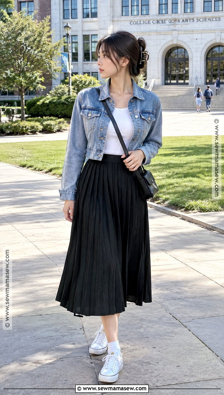 Korean Denim Jacket And Midi Skirt Outfit - 15 Korean Back To School Outfits