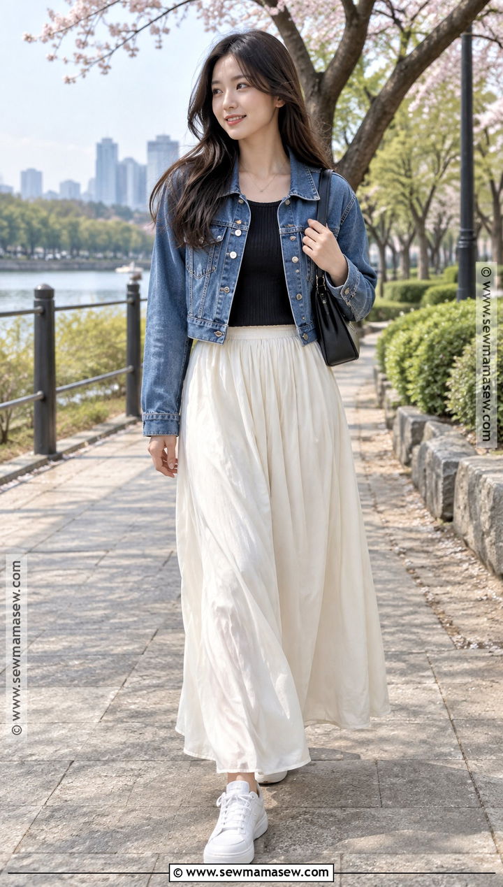 Korean Denim Jacket and Maxi Skirt Outfit - 20 South Korea Autumn Outfit Ideas for Women