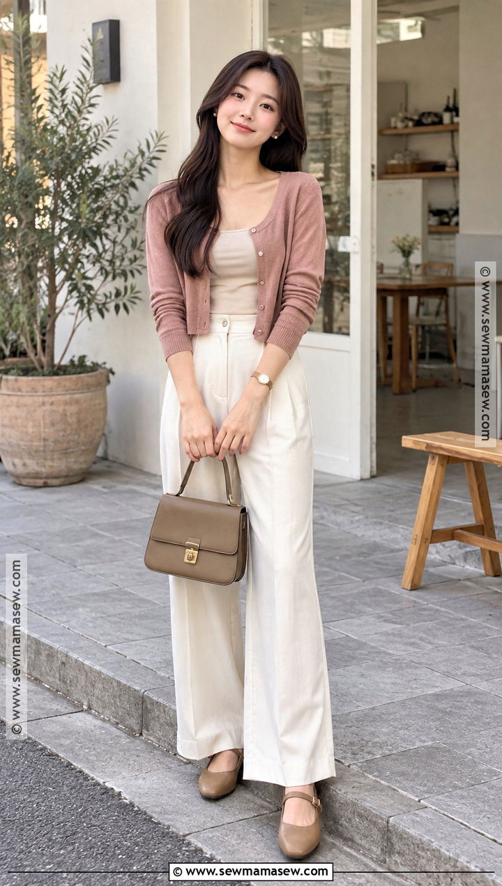 Korean Dusty Rose Cardigan And Wide Leg Pants Outfit - 15 Soft Autumn Outfits Korean