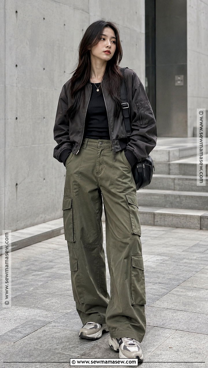 Korean Fall Bomber Jacket And Cargo Pants Outfit - 20 fall korean outfits