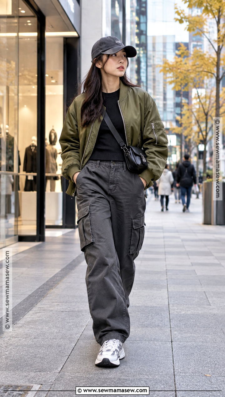 Korean Fall Bomber Jacket And Cargo Pants Outfit - 25 korean fall outfits