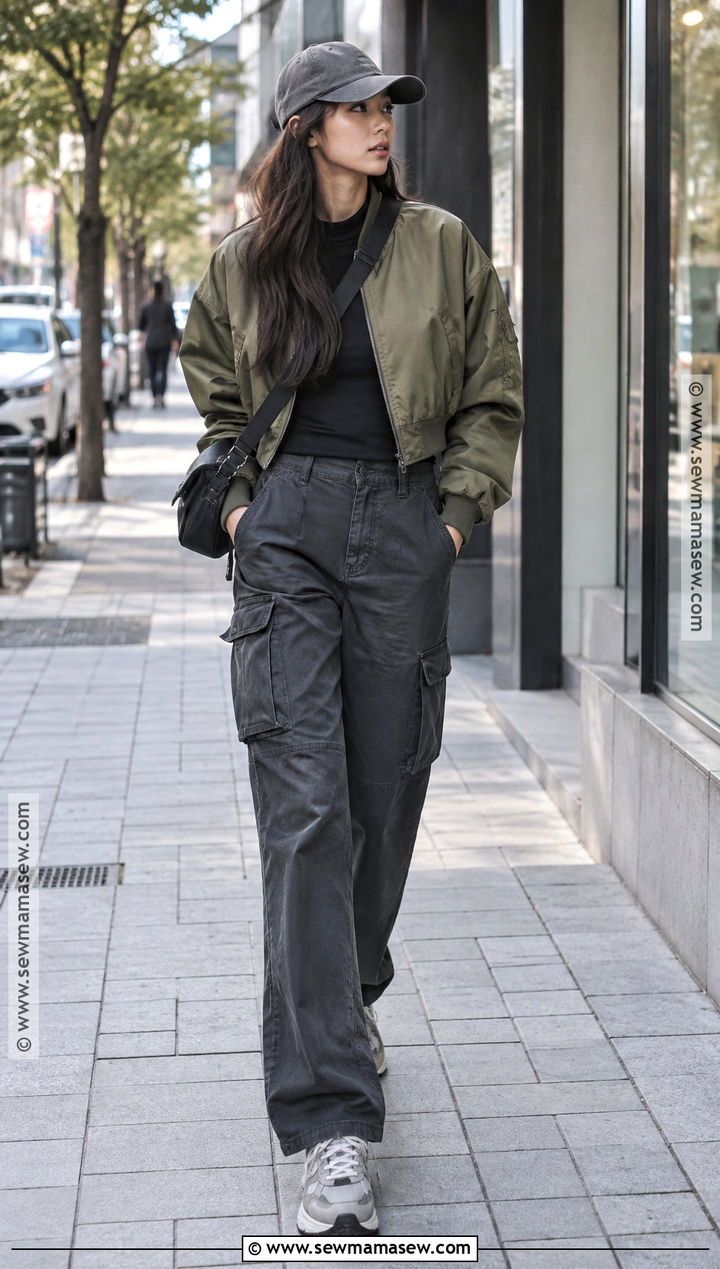 Korean Fall Bomber Jacket And Cargo Pants Outfit - 15 korean fall outfits for women