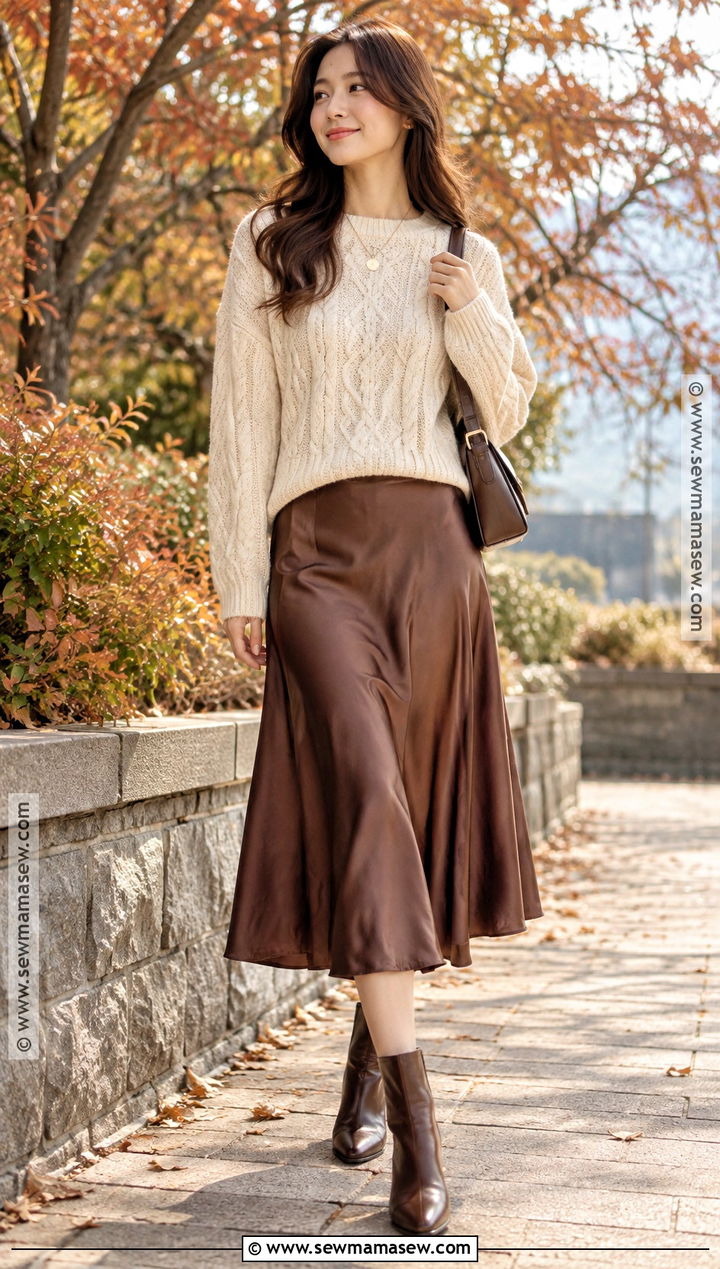 Korean Fall Cable Knit Sweater And Midi Skirt Outfit - 25 korean fall outfits