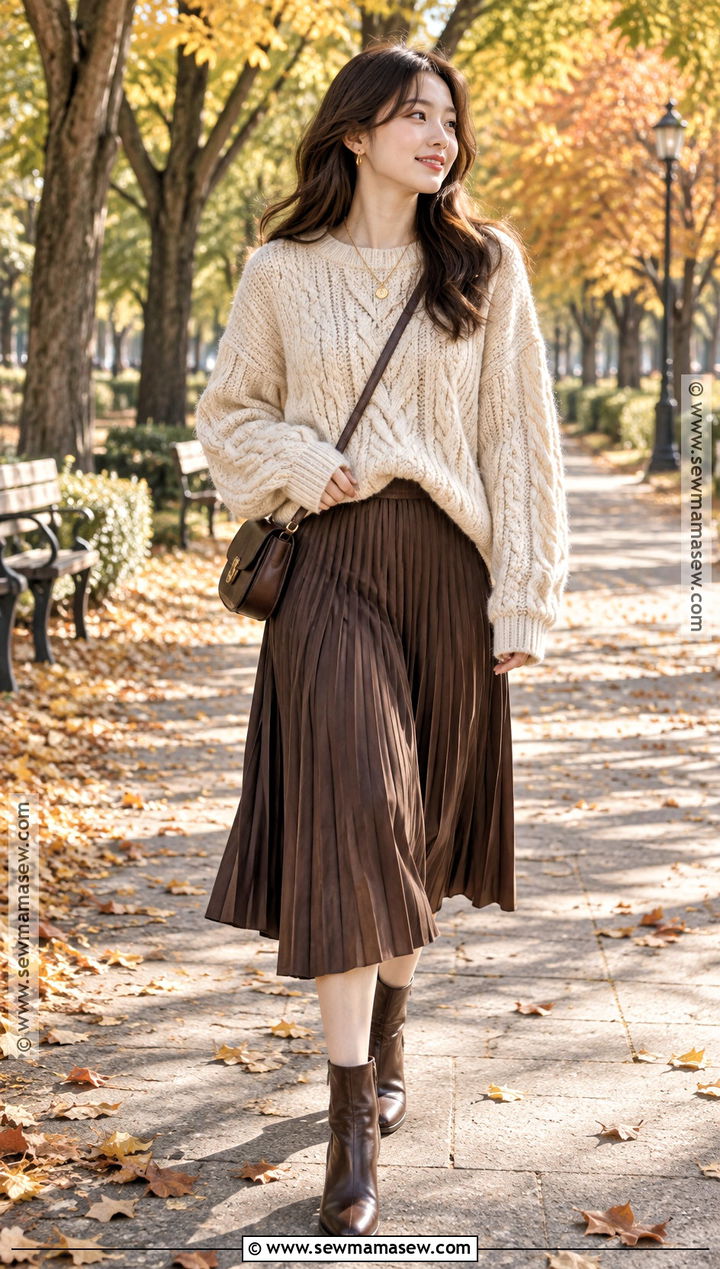 Korean Fall Cable Knit Sweater And Pleated Midi Skirt Outfit - 20 korea fall outfit ideas