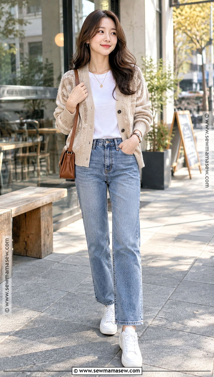 Korean Fall Cardigan And Straight Jeans Outfit - 20 fall korean outfits