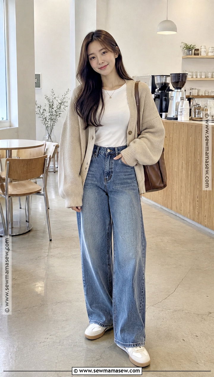 Korean Fall Cardigan And Wide Leg Jeans Outfit - 25 korean fall outfits