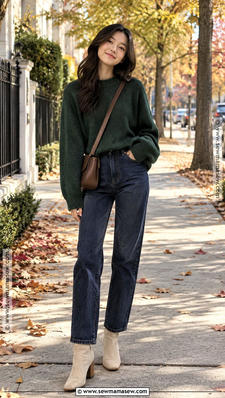 Korean Fall Chunky Sweater And Straight Leg Jeans Outfit - 15 korean fall outfits for women