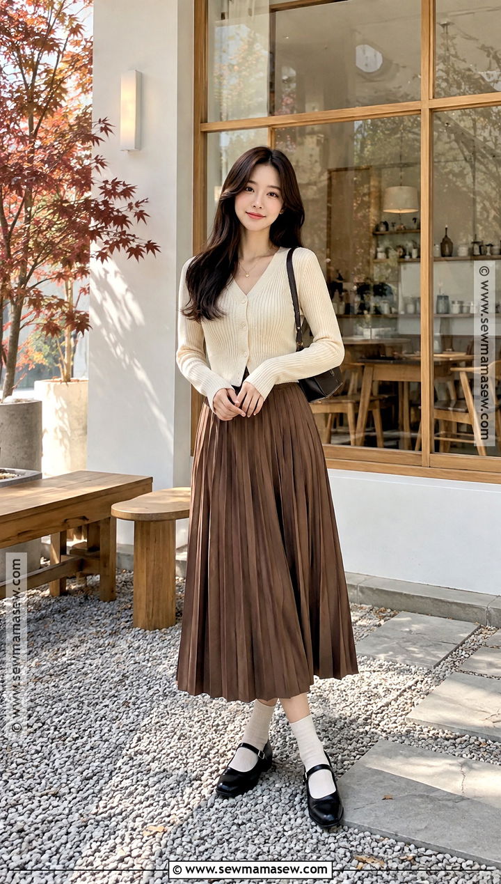 Korean Fall Cropped Cardigan And Midi Skirt Outfit - 20 fall korean outfits