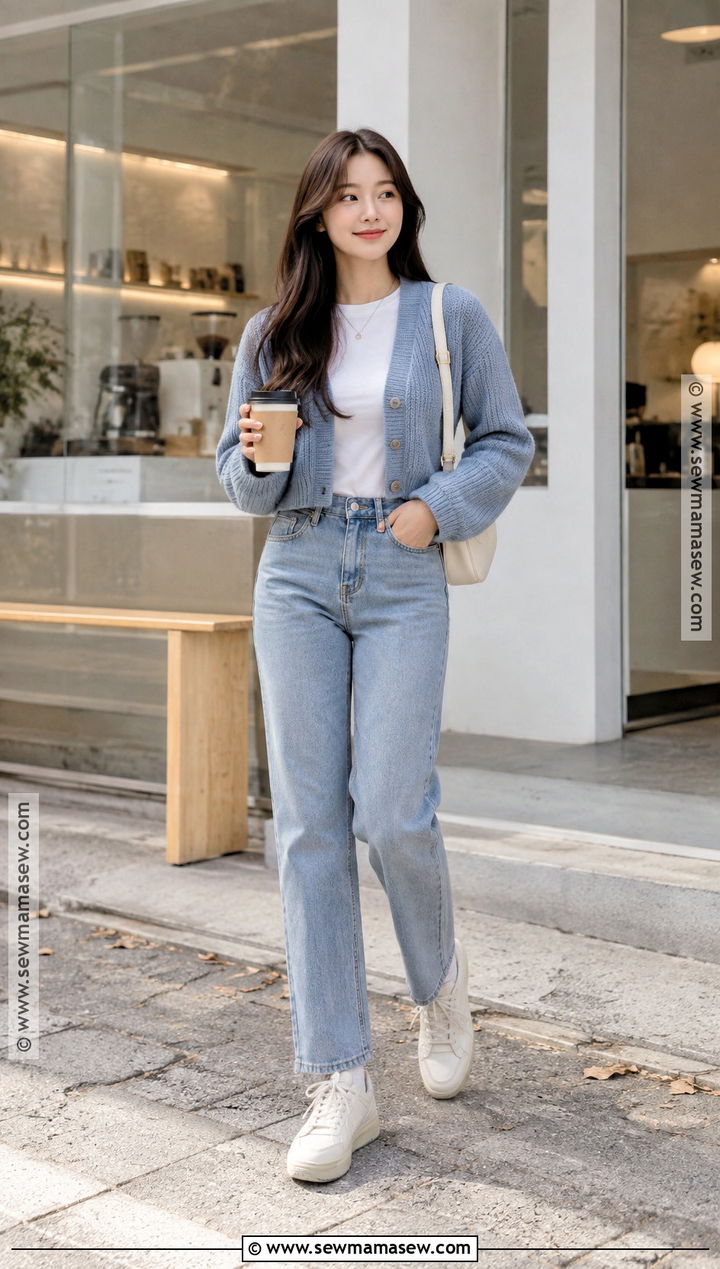 Korean Fall Cropped Cardigan And Straight Jeans Outfit - 20 korea fall outfit ideas