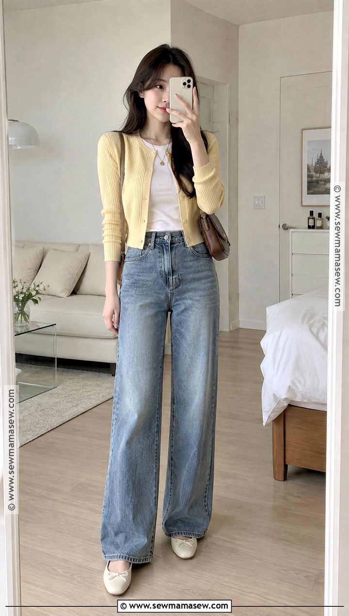 Korean Fall Cropped Cardigan And Wide Leg Jeans Outfit - 15 korean fall outfits for women