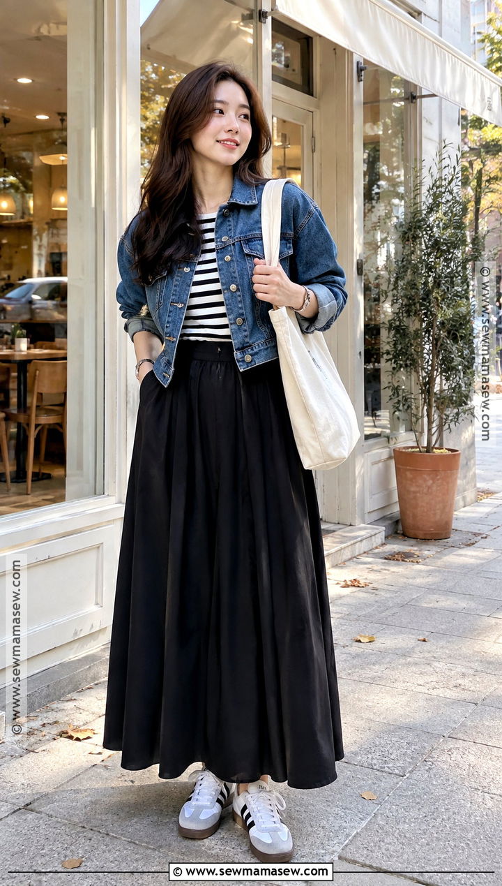 Korean Fall Denim Jacket And Maxi Skirt Outfit - 25 korean fall outfits