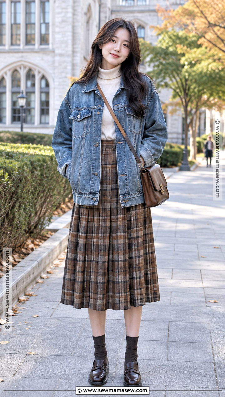 Korean Fall Denim Jacket And Plaid Skirt Outfit - 15 korean fall outfits for women