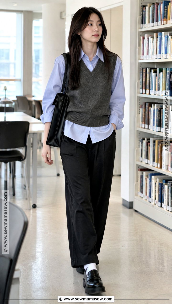Korean Fall Knit Vest And Button Down Outfit - 25 korean fall outfits