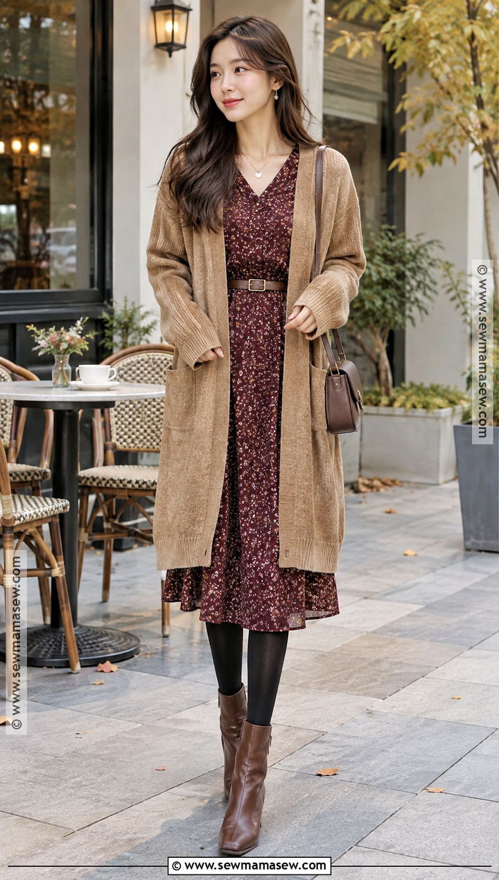 Korean Fall Long Cardigan And Floral Dress Outfit - 20 fall korean outfits