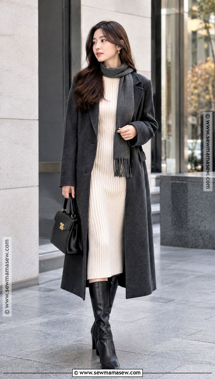 Korean Fall Long Coat And Knit Dress Outfit - 25 korean fall outfits