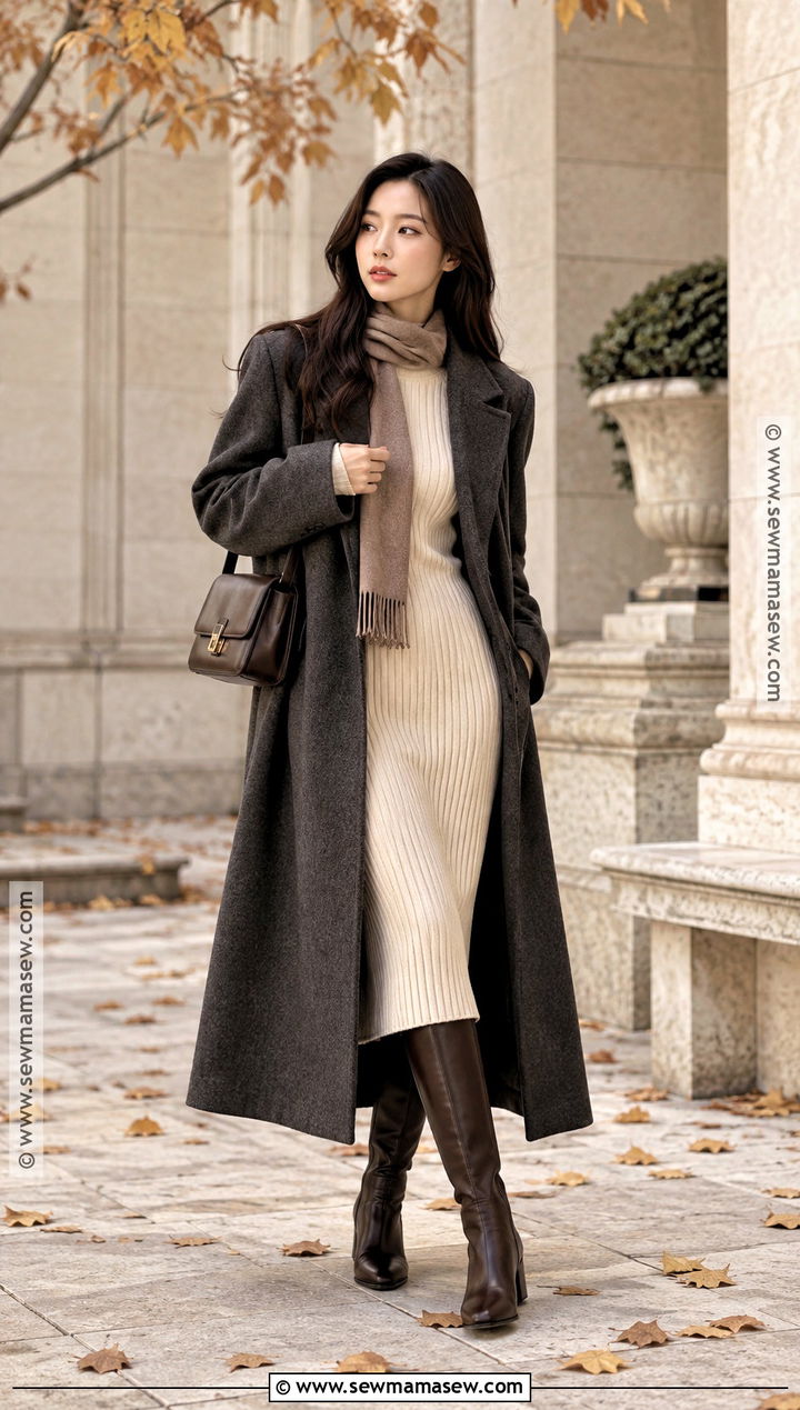 Korean Fall Long Coat And Knit Dress Outfit - 15 korean fall outfits for women