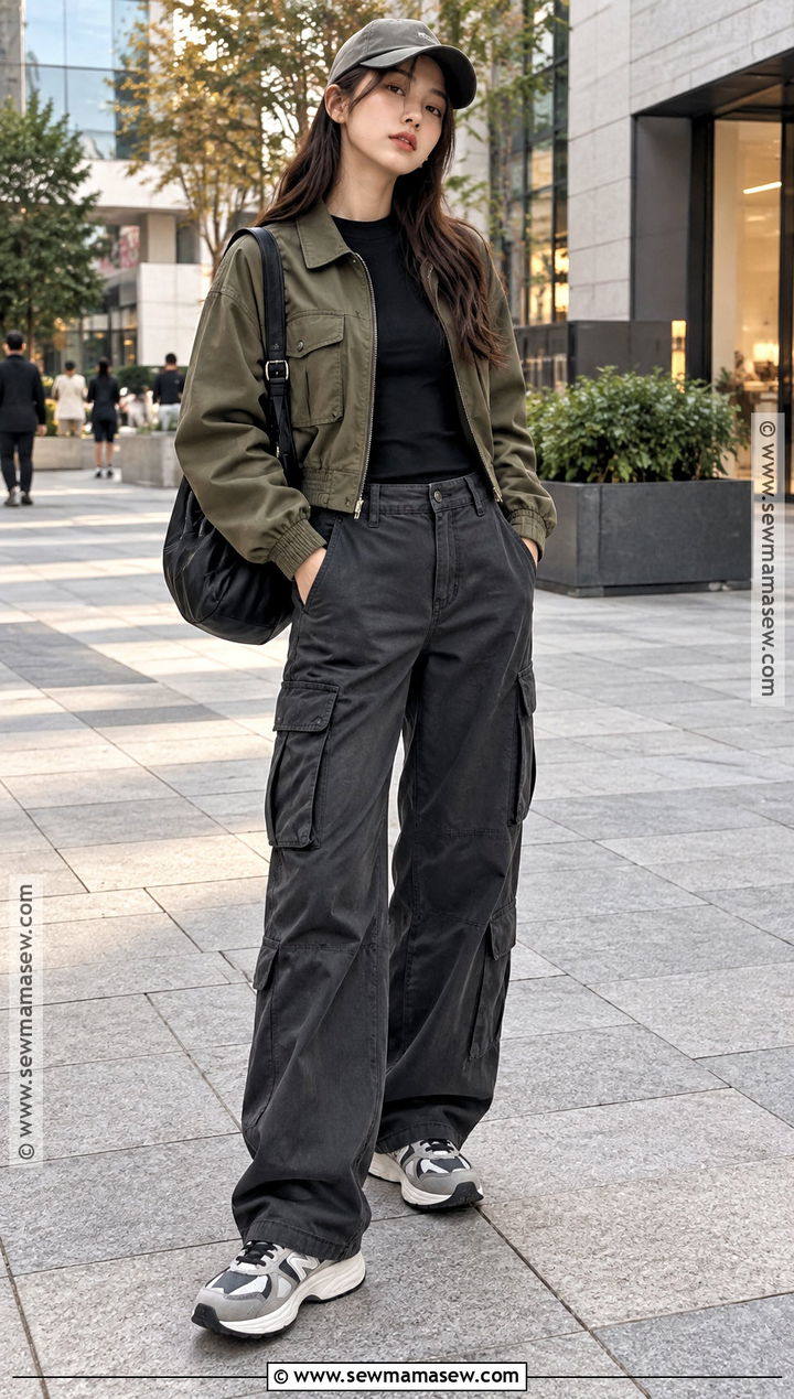 Korean Fall Outfit With Cropped Jacket And Cargo Pants - 15 Korean Fall Outfits Aesthetic