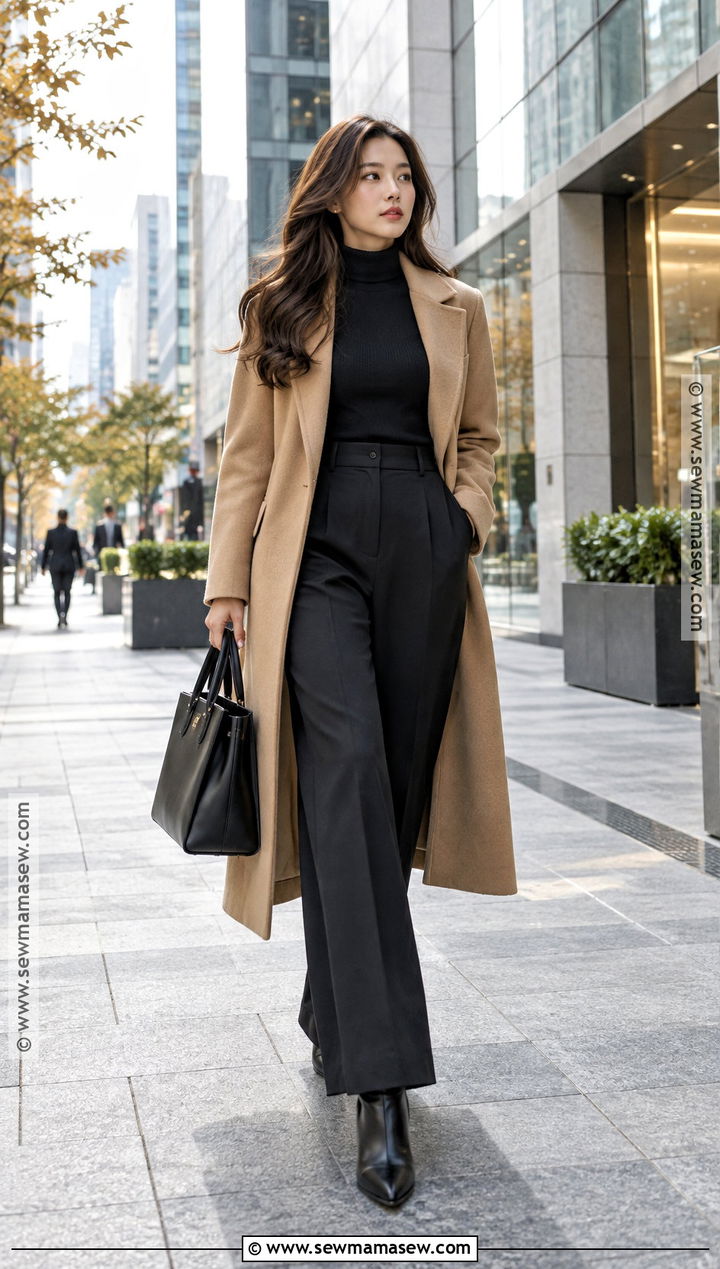 Korean Fall Outfit With Long Coat And Wide Leg Pants - 15 Korean Fall Outfits Aesthetic
