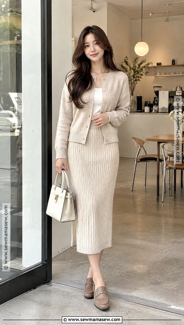 Korean Fall Outfit With Monochrome Knit Set - 15 Korean Fall Outfits Aesthetic