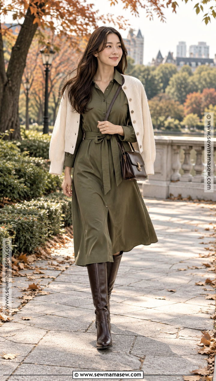 Korean Fall Outfit With Shirt Dress And Knee High Boots - 15 Korean Fall Outfits Aesthetic