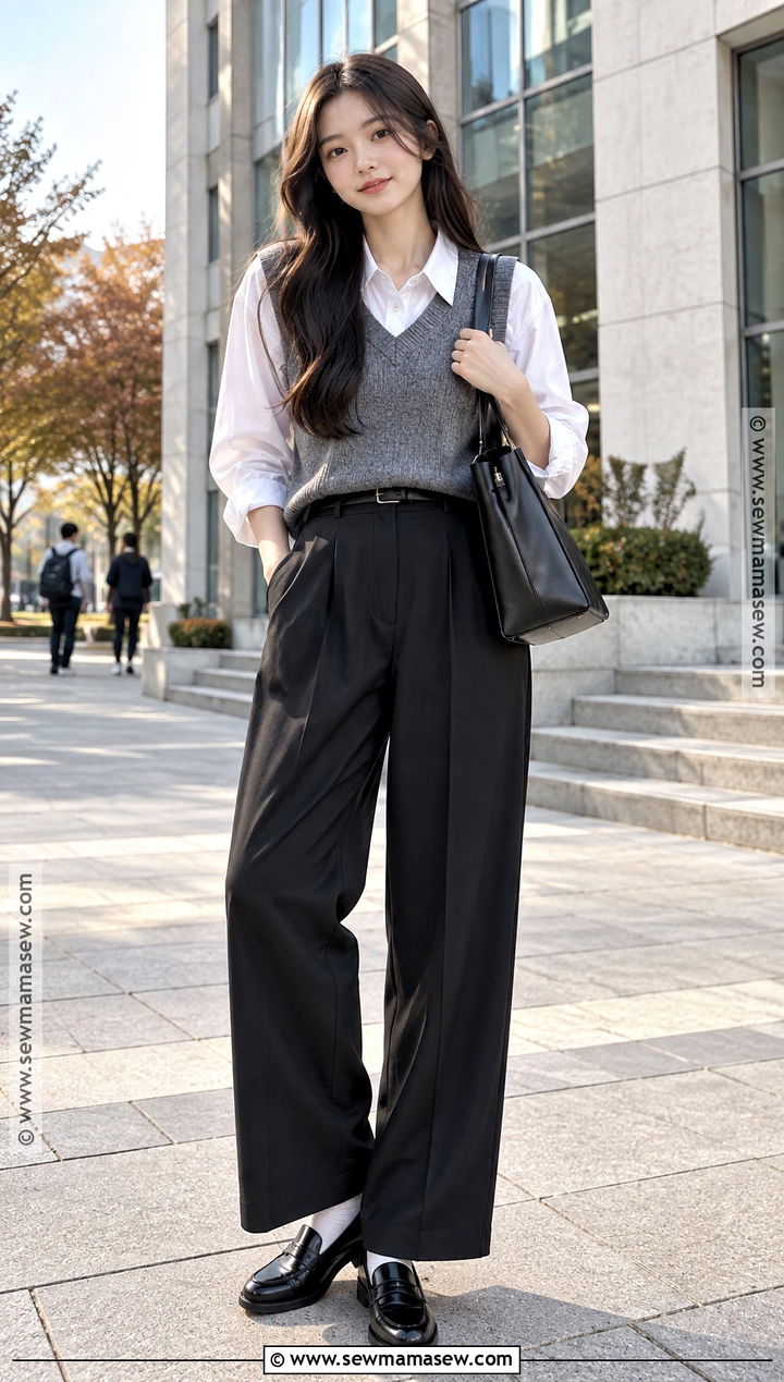 Korean Fall Outfit With Sweater Vest And Wide Leg Trousers - 15 Korean Fall Outfits Aesthetic