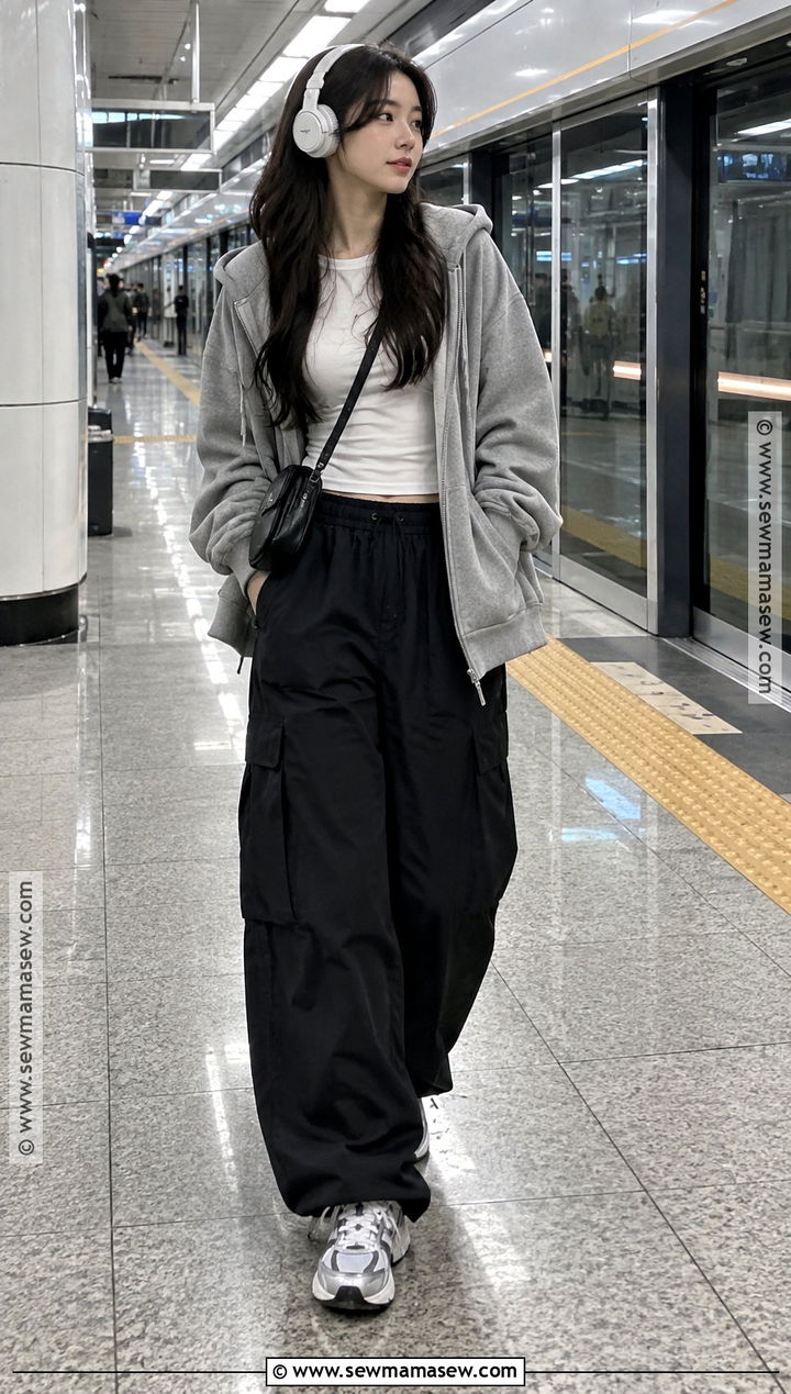 Korean Fall Outfit With Zip Up Hoodie And Parachute Pants - 15 Korean Fall Outfits Aesthetic