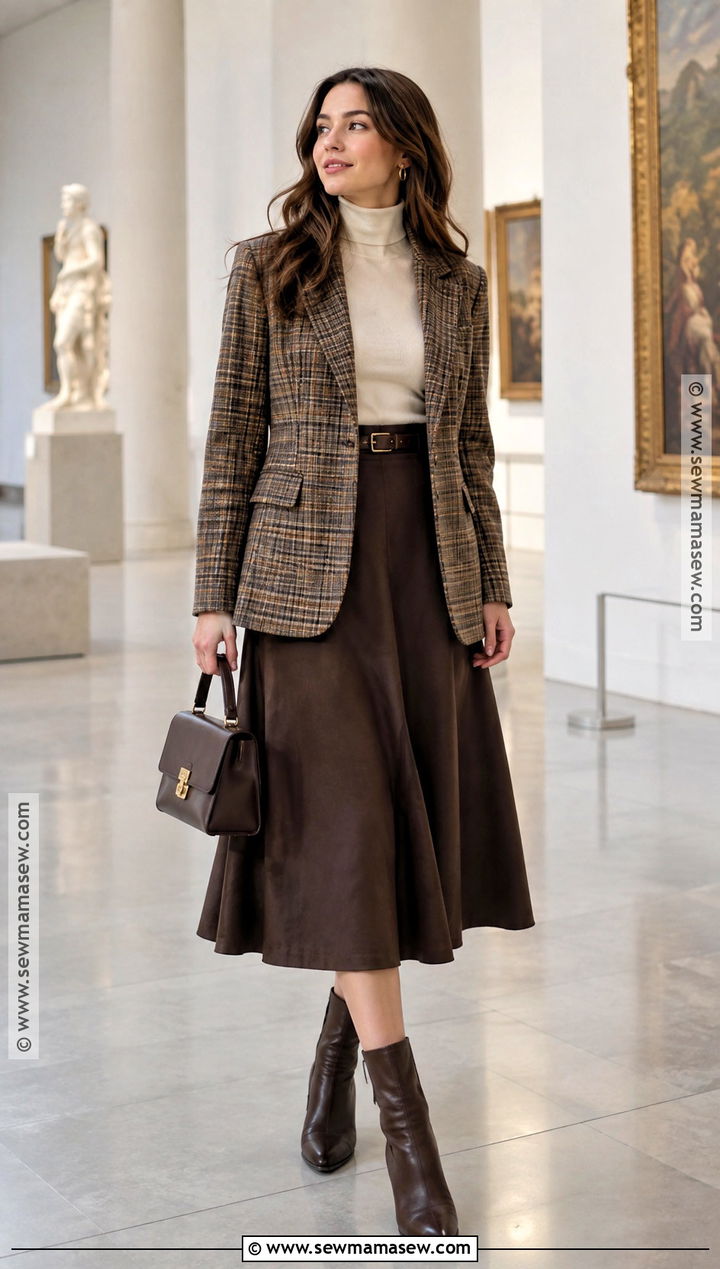 Korean Fall Plaid Blazer And Midi Skirt Outfit - 20 fall korean outfits