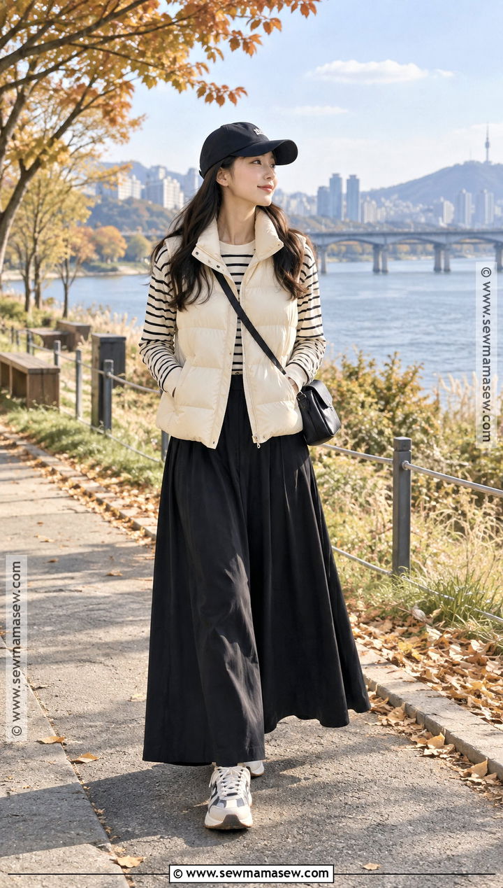 Korean Fall Puffer Vest And Maxi Skirt Outfit - 20 korea fall outfit ideas