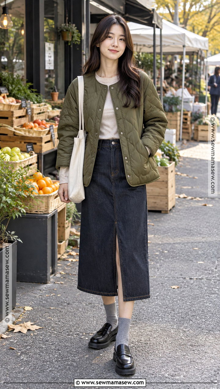 Korean Fall Quilted Jacket And Midi Skirt Outfit - 20 korea fall outfit ideas