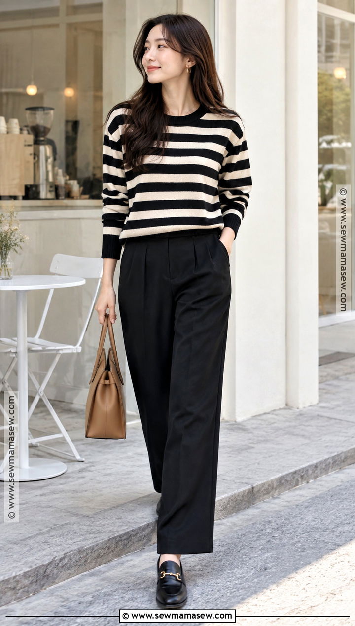 Korean Fall Striped Sweater And Black Trousers Outfit - 25 korean fall outfits