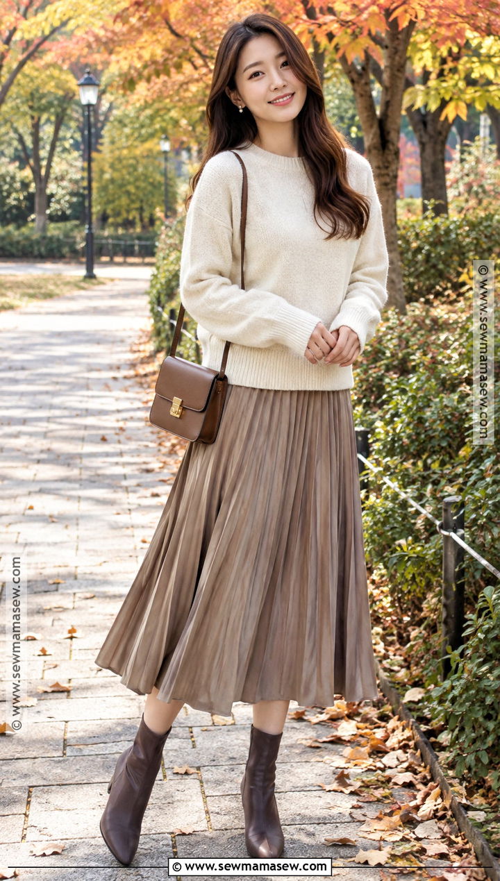 Korean Fall Sweater And Pleated Midi Skirt Outfit - 25 korean fall outfits