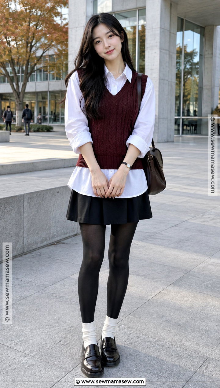 Korean Fall Sweater Vest And Button Down Shirt Outfit - 20 korea fall outfit ideas