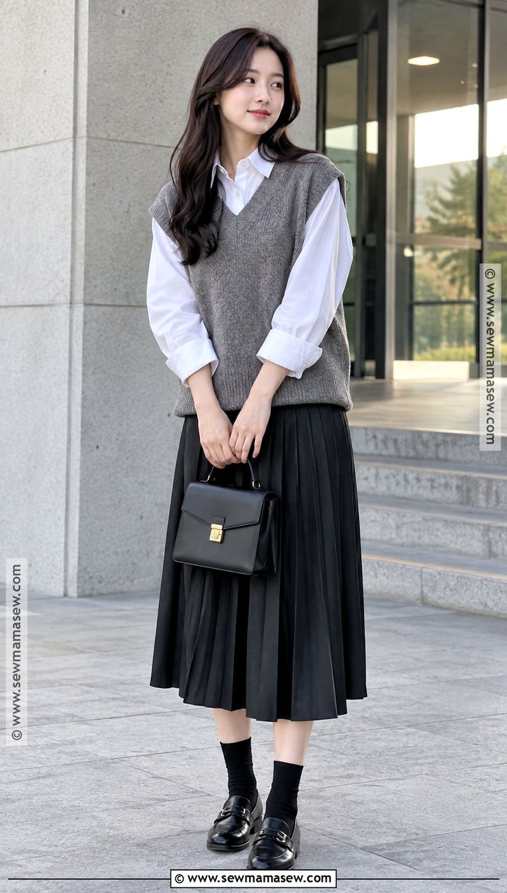 Korean Fall Sweater Vest And Pleated Midi Skirt Outfit - 20 fall korean outfits