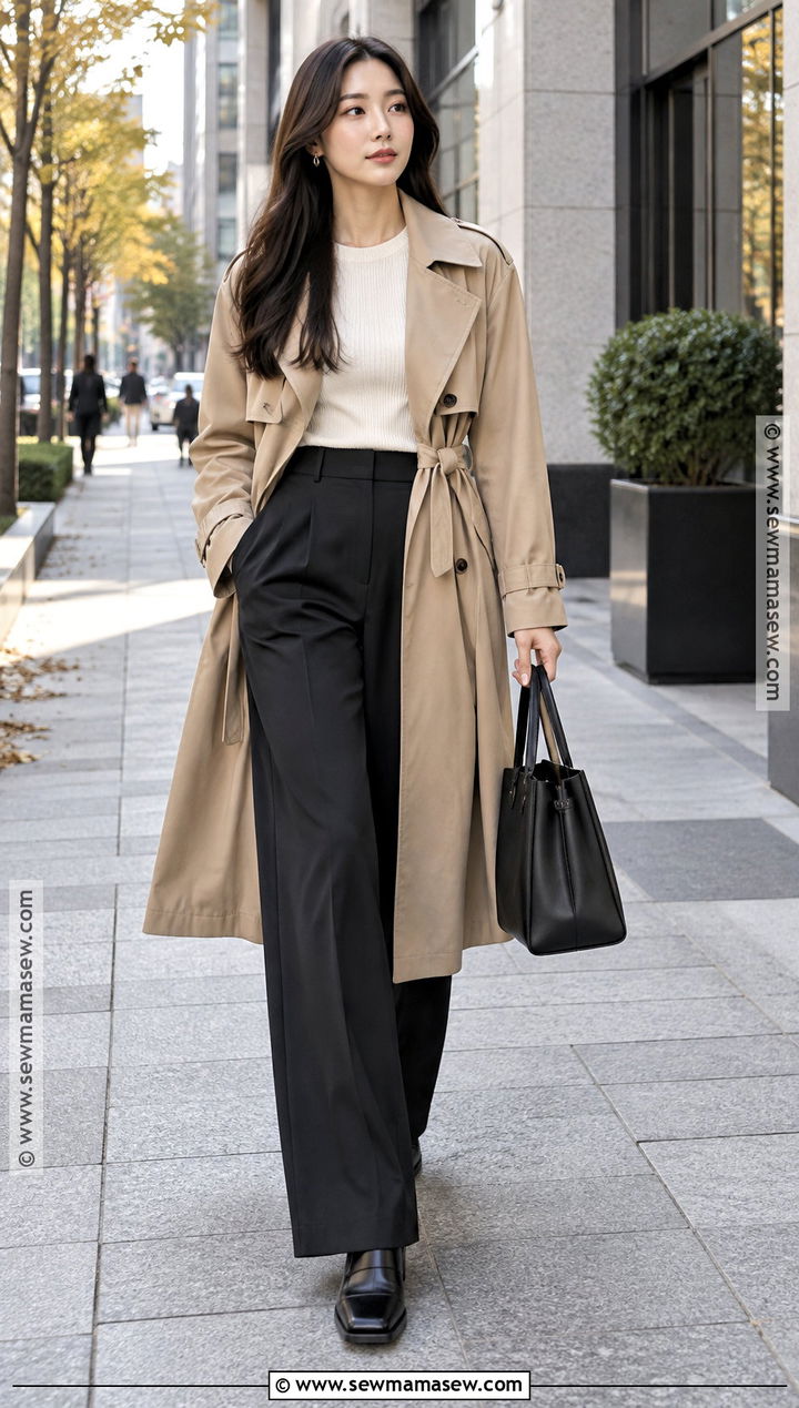 Korean Fall Trench Coat And Wide Leg Pants Outfit - 20 fall korean outfits