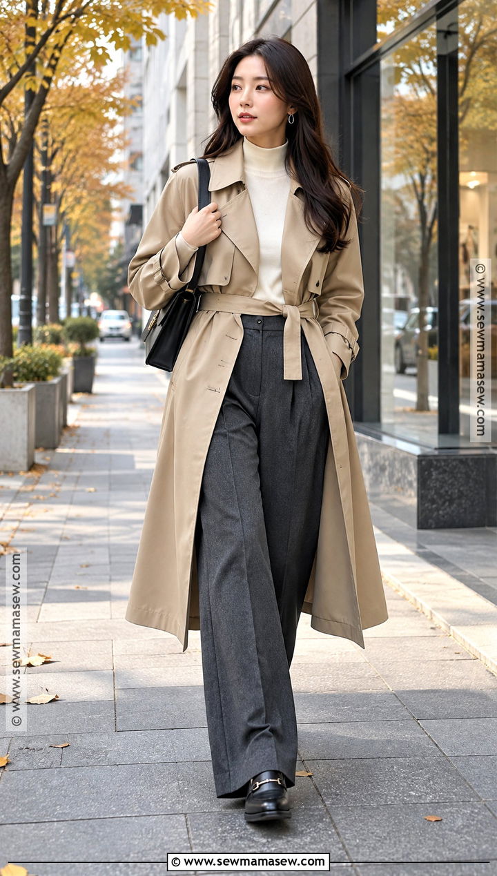 Korean Fall Trench Coat And Wide Leg Pants Outfit - 20 korea fall outfit ideas