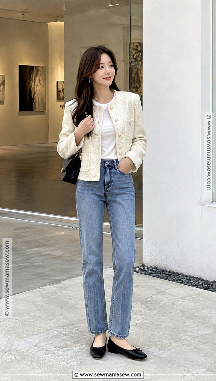 Korean Fall Tweed Jacket And Jeans Outfit - 25 korean fall outfits