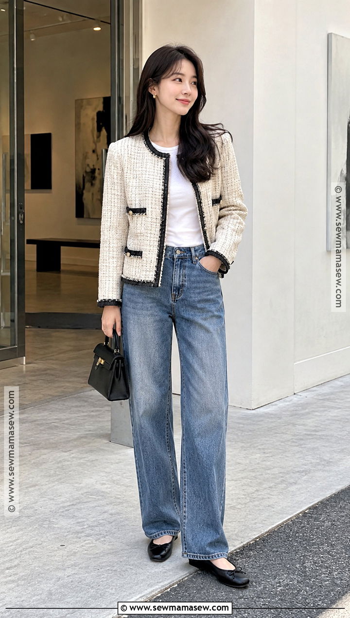Korean Fall Tweed Jacket And Relaxed Jeans Outfit - 20 korea fall outfit ideas