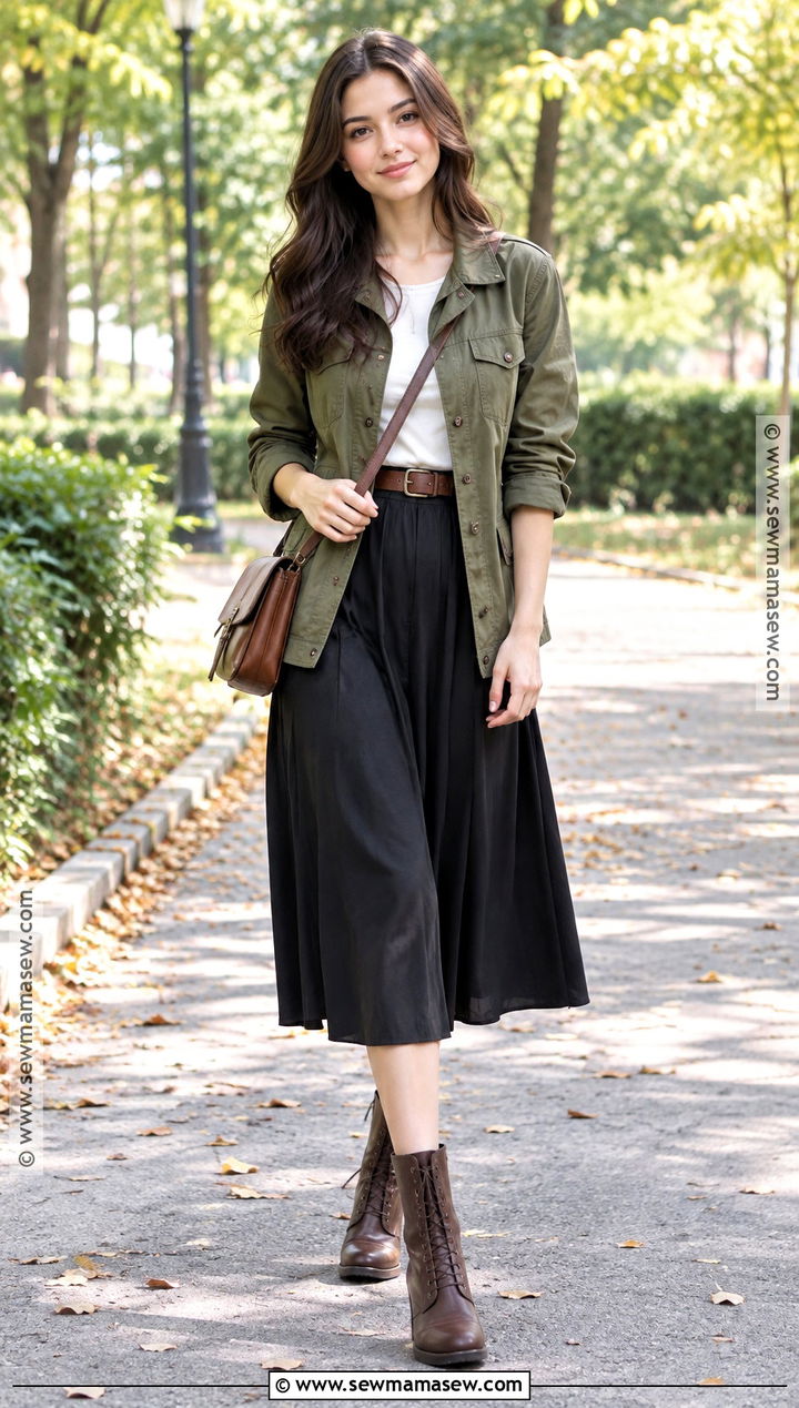 Korean Fall Utility Jacket And Midi Skirt Outfit - 25 korean fall outfits