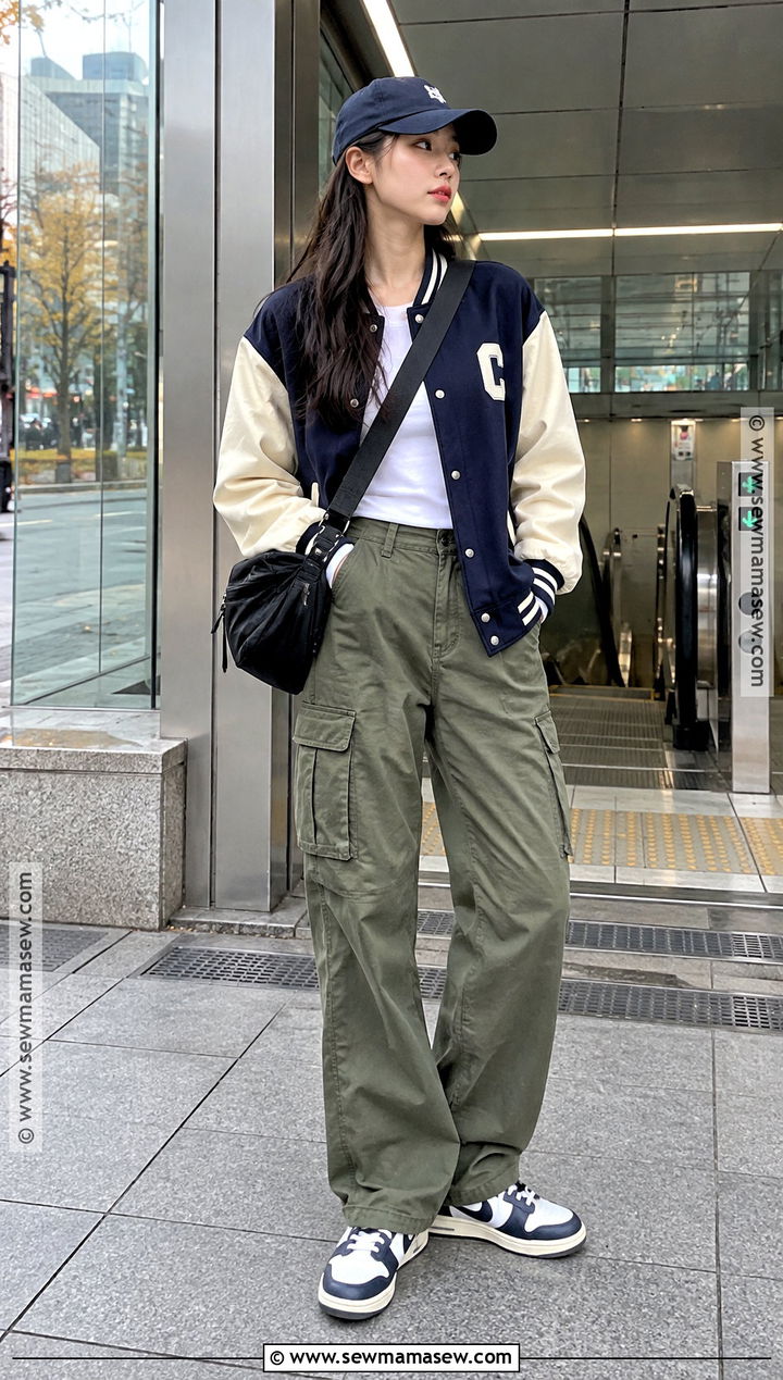 Korean Fall Varsity Jacket And Cargo Pants Outfit - 20 korea fall outfit ideas