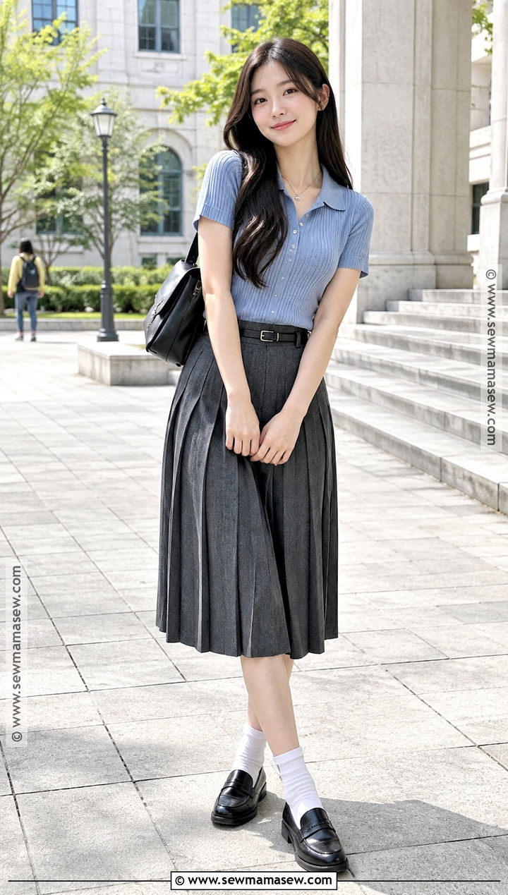 Korean Knit Polo and Midi Skirt Outfit - 15 back to school outfits korean style