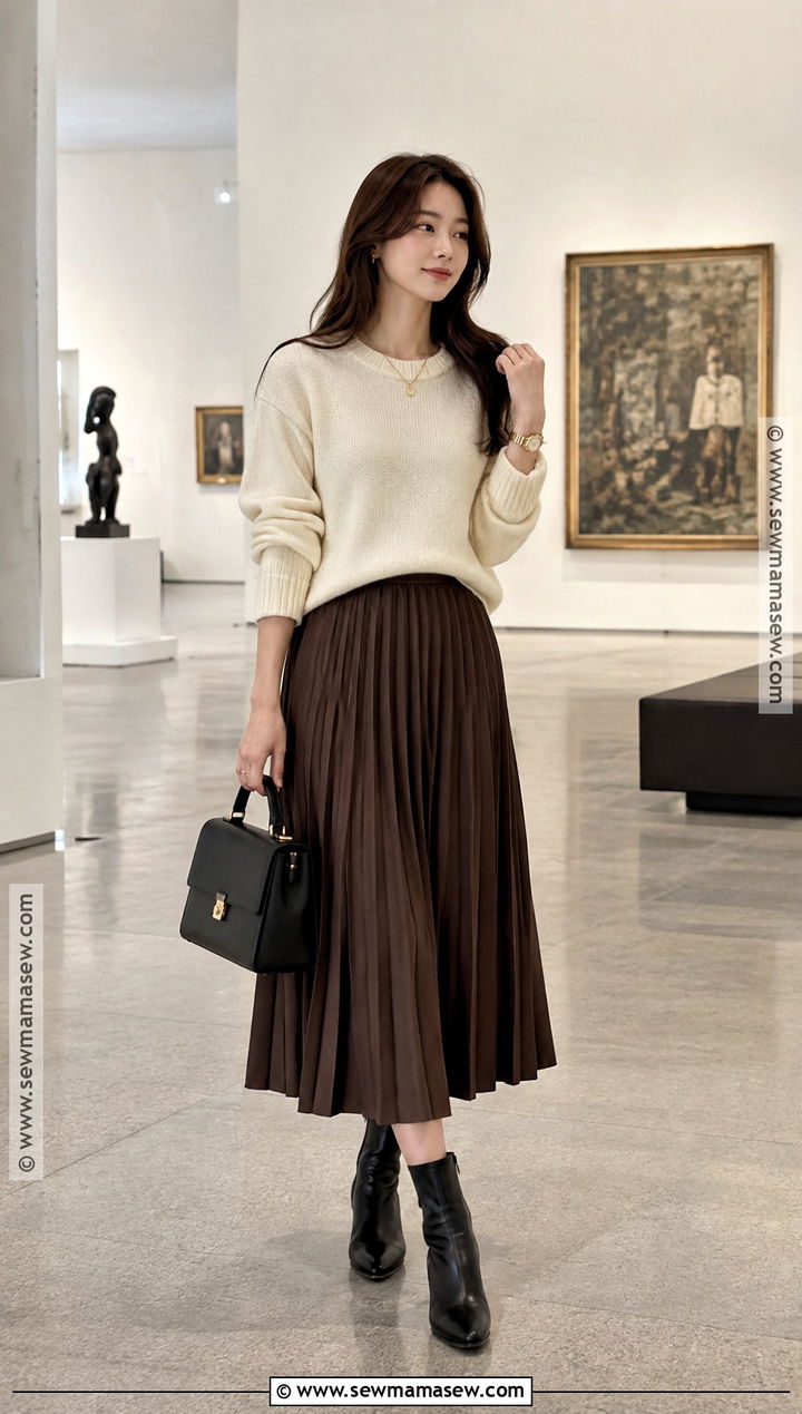 Korean Knit Sweater and Pleated Midi Skirt Outfit - 20 South Korea Autumn Outfit Ideas for Women