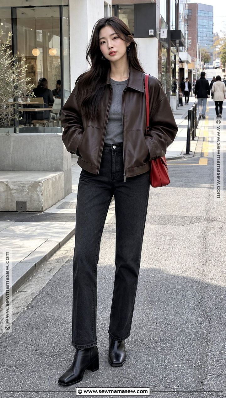 Korean Leather Jacket and Black Jeans Outfit - 20 South Korea Autumn Outfit Ideas for Women