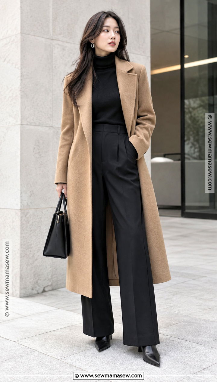 Korean Long Coat And Monochrome Trousers Outfit - 20 autumn korean fashion ideas
