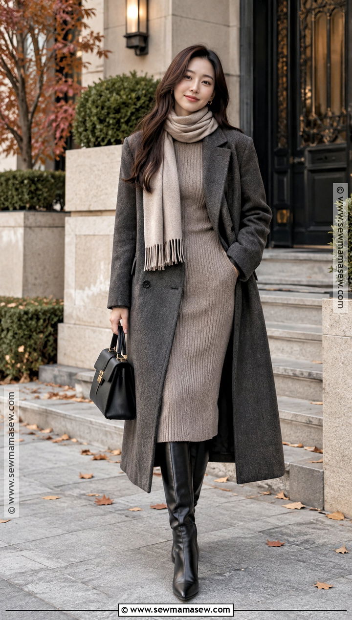 Korean Long Wool Coat and Knit Dress Outfit - 20 South Korea Autumn Outfit Ideas for Women