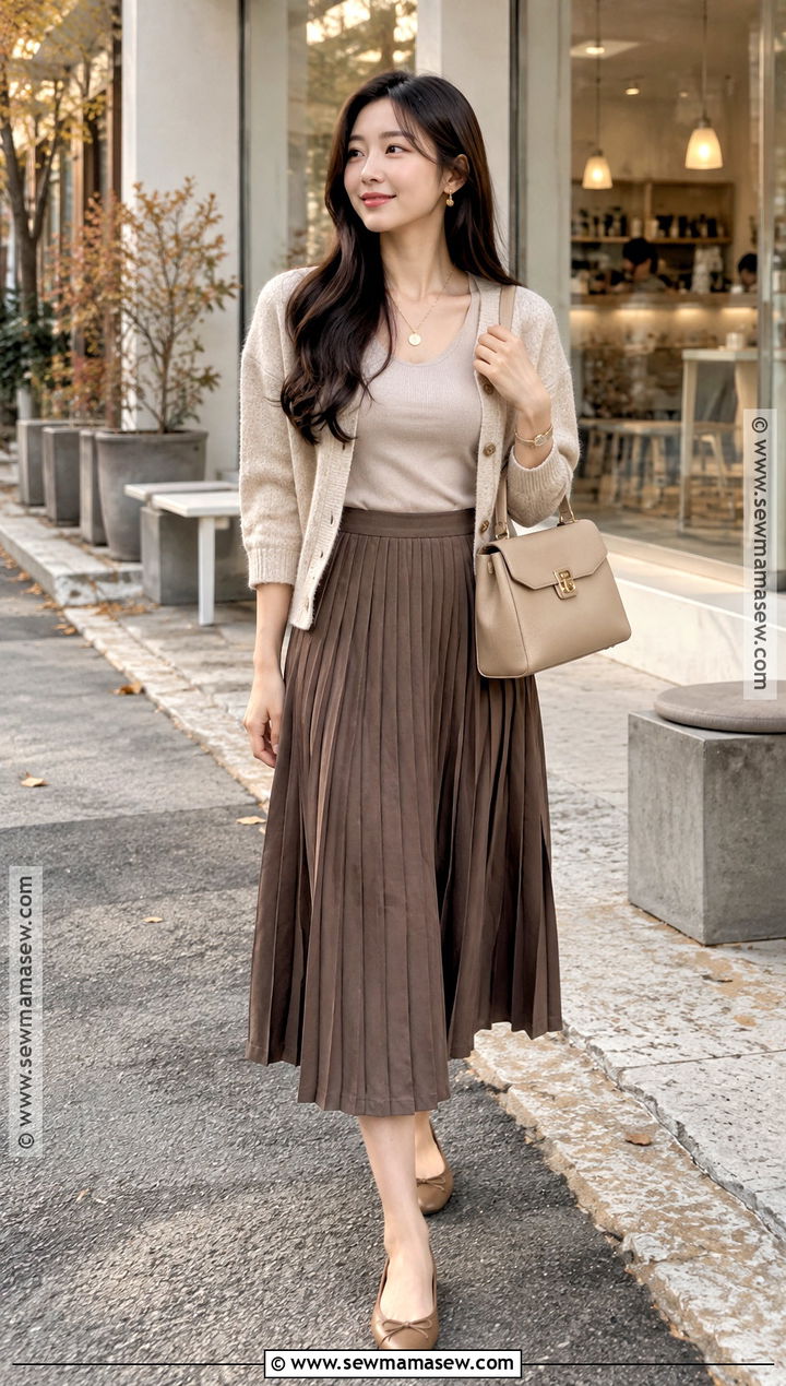 Korean Oatmeal Cardigan And Pleated Skirt Outfit - 15 Soft Autumn Outfits Korean